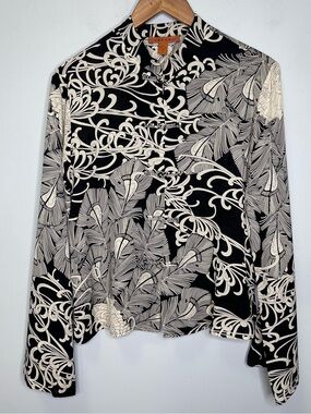Harari Black Ivory Asian Inspired Blouse 100% Silk Knots Toggle Buttons